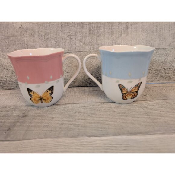 Lenox Butterfly Meadow 2 Porcelain Mugs Pink & Blue Floral Butterfly Meadows - Picture 1 of 3